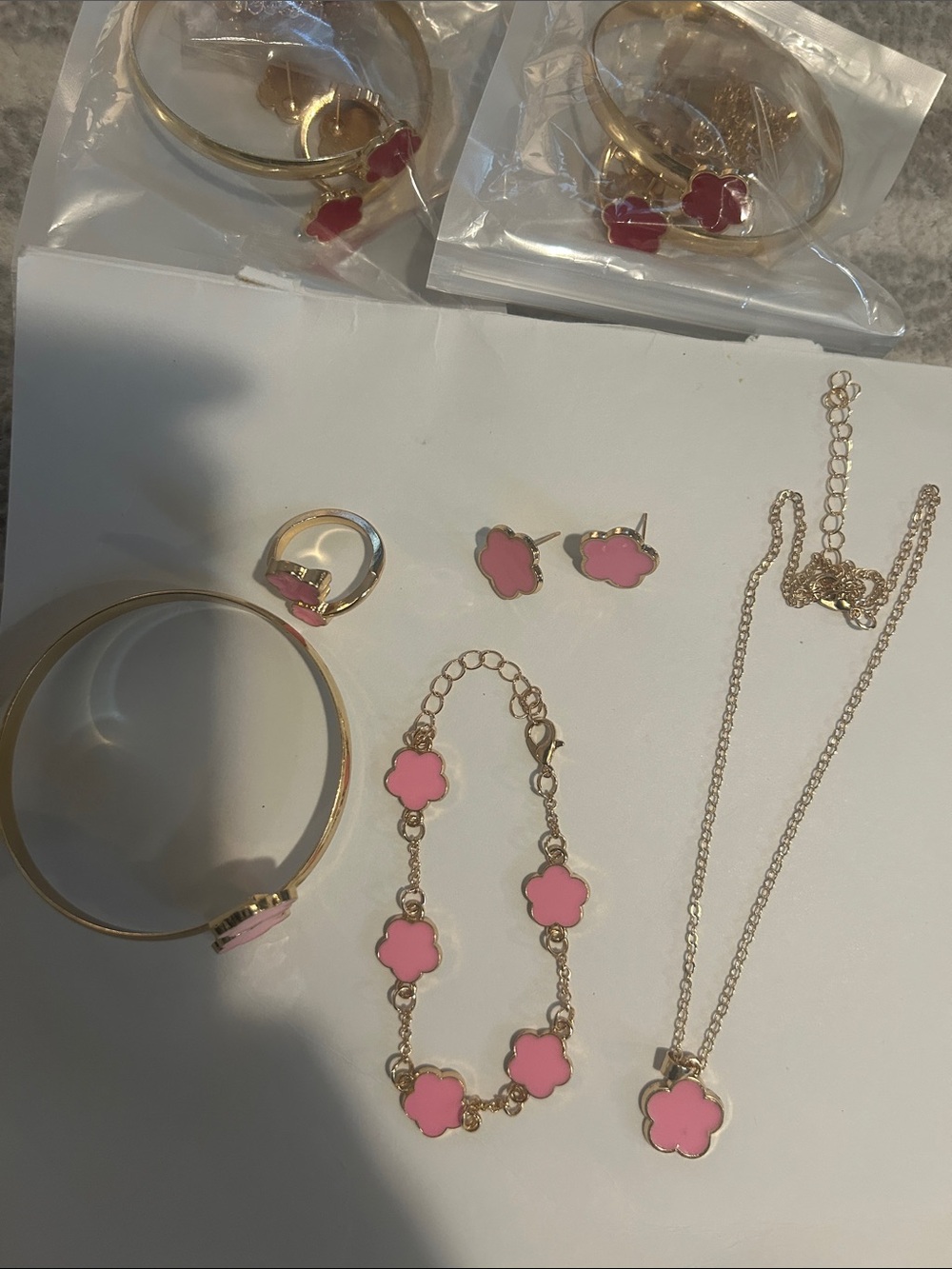 Gold-Tone Pink Clover Link Bracelet — Women's Pink Floral Charm Bracelet